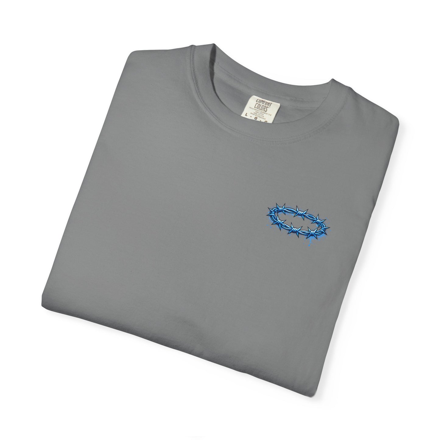 Graphic T-Shirt — Blue Barbed Halo with 'Sovereign' Bubble Letter Back Print