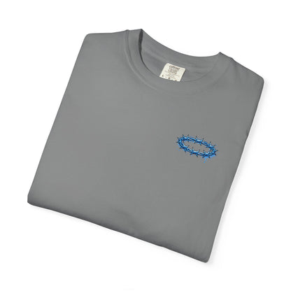 Graphic T-Shirt — Blue Barbed Halo with 'Sovereign' Bubble Letter Back Print