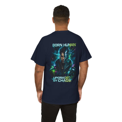 Synth Rebellion Cyberpunk T-Shirt | Born Human Upgraded by Chaos Futuristic Graphic Tee