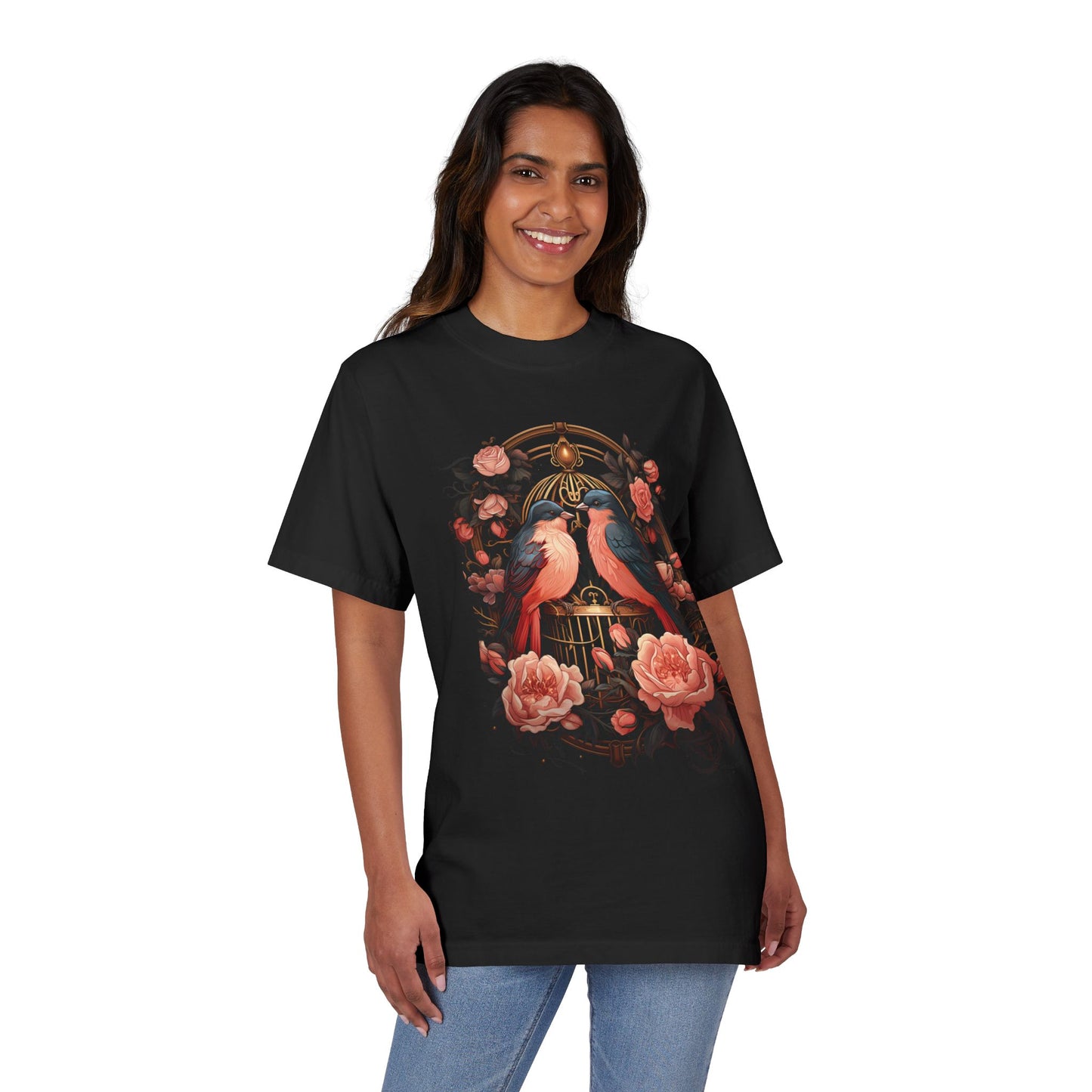 Vintage Birdcage Floral T-Shirt – Romantic Birds Graphic Tee, Cottagecore Aesthetic Shirt, Soft Nature Lover Gift