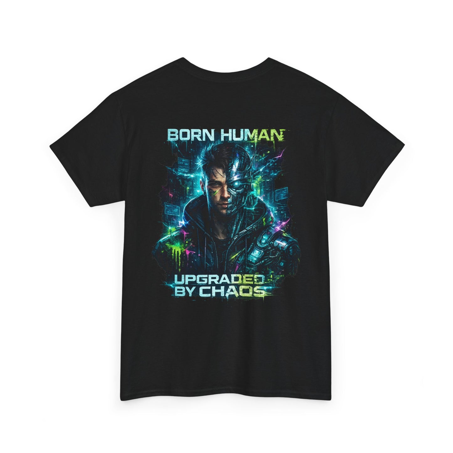 Synth Rebellion Cyberpunk T-Shirt | Born Human Upgraded by Chaos Futuristic Graphic Tee