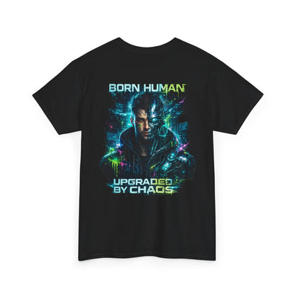 Synth Rebellion Cyberpunk T-Shirt | Born Human Upgraded by Chaos Futuristic Graphic Tee