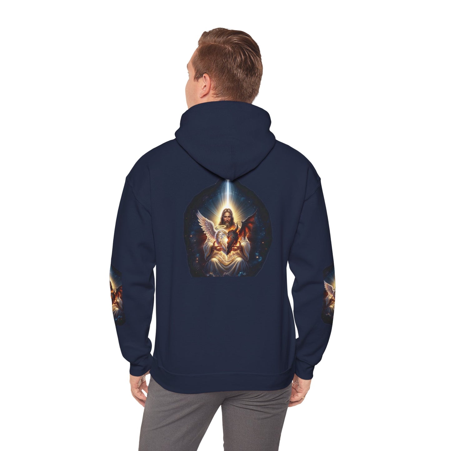 Christian Hoodie – "A Heart Divided Within Divine Grace" Religious Pullover with Angel Artwork