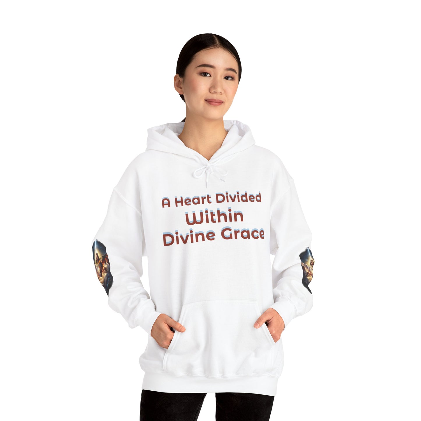 Christian Hoodie – "A Heart Divided Within Divine Grace" Religious Pullover with Angel Artwork