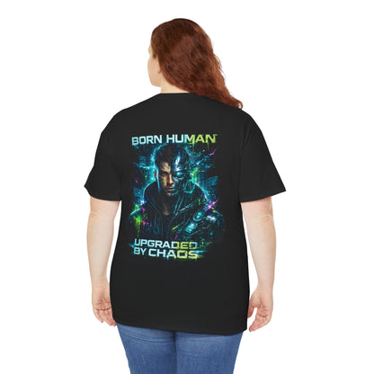 Synth Rebellion Cyberpunk T-Shirt | Born Human Upgraded by Chaos Futuristic Graphic Tee