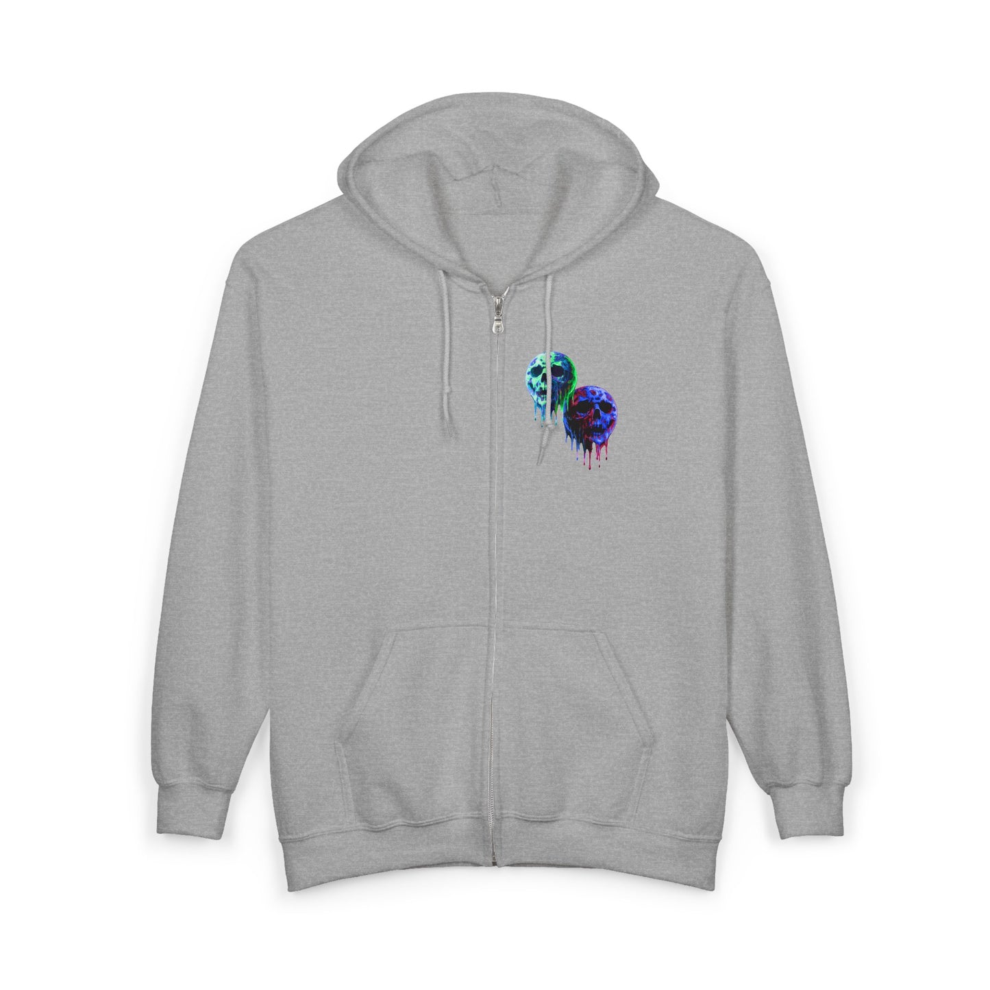 Dripping Neon Skull Zip Hoodie — Glowing Horror Graphic Full-Zip Sweatshirt