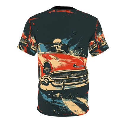 Vintage Red Convertible Tee — Retro Skull Driver All-Over Print