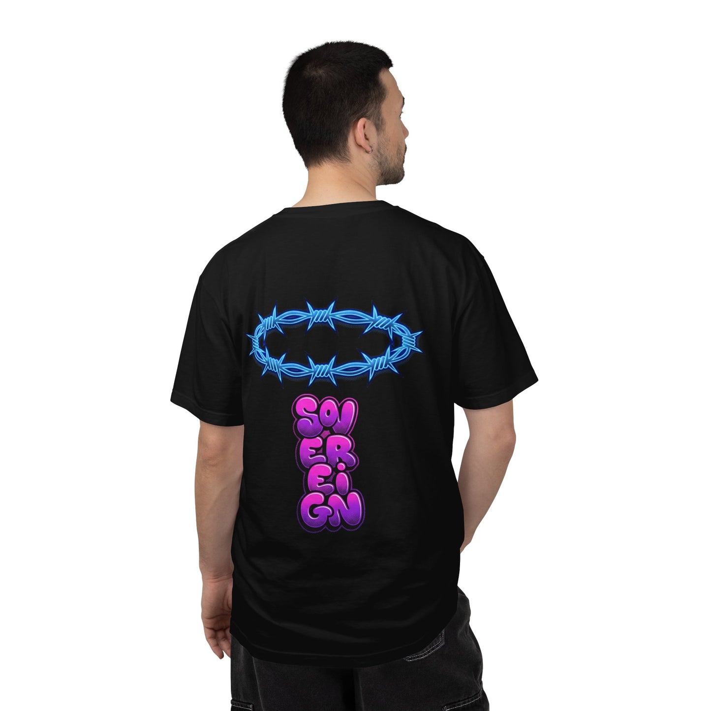 Graphic T-Shirt — Blue Barbed Halo with 'Sovereign' Bubble Letter Back Print