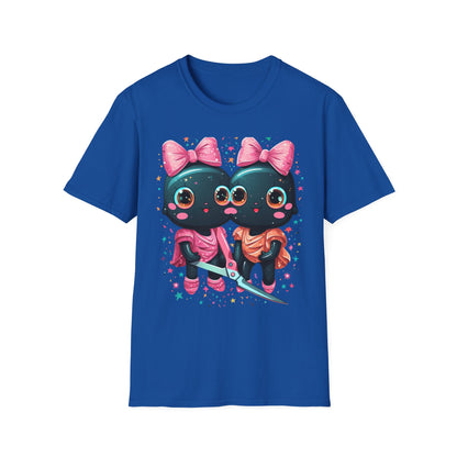 Cute Gothic Twin Dolls T-Shirt — Matching Pink Bow Kawaii Design