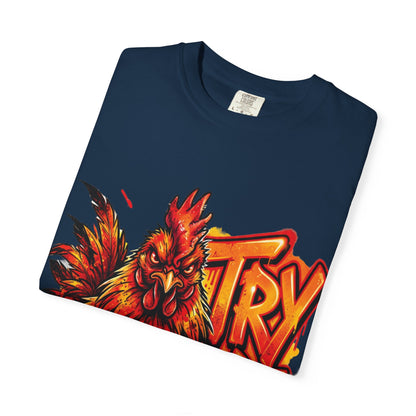 Try Me Rooster T-Shirt — Fiery Graphic Tee for Bold Attitude