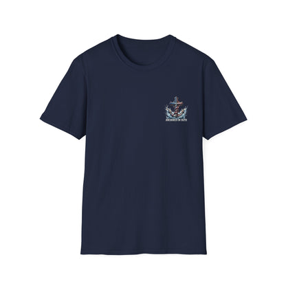 Anchored in Faith Christian T-Shirt | Patriotic Cross & Anchor Graphic Tee | American Flag Faith Shirt