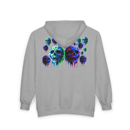 Dripping Neon Skull Zip Hoodie — Glowing Horror Graphic Full-Zip Sweatshirt