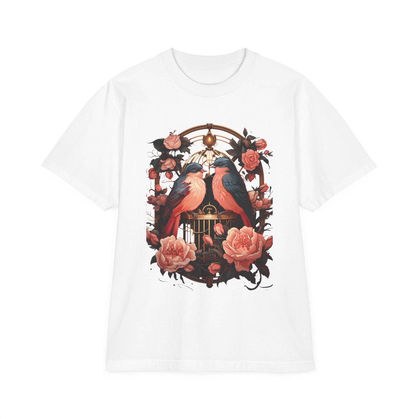 Vintage Birdcage Floral T-Shirt – Romantic Birds Graphic Tee, Cottagecore Aesthetic Shirt, Soft Nature Lover Gift