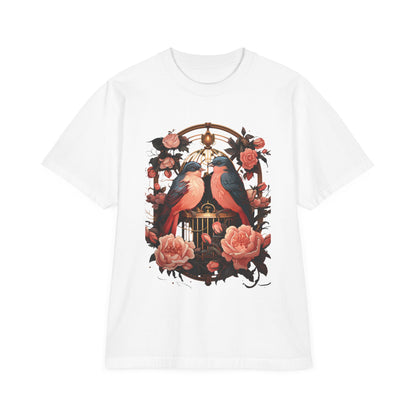 Vintage Birdcage Floral T-Shirt – Romantic Birds Graphic Tee, Cottagecore Aesthetic Shirt, Soft Nature Lover Gift