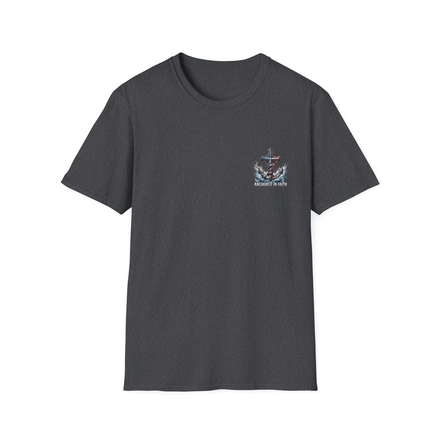 Anchored in Faith Christian T-Shirt | Patriotic Cross & Anchor Graphic Tee | American Flag Faith Shirt