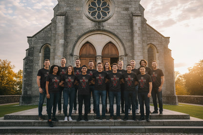 group of people standing outside of a church