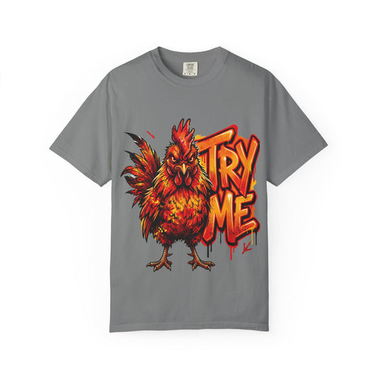 Try Me Rooster T-Shirt — Fiery Graphic Tee for Bold Attitude