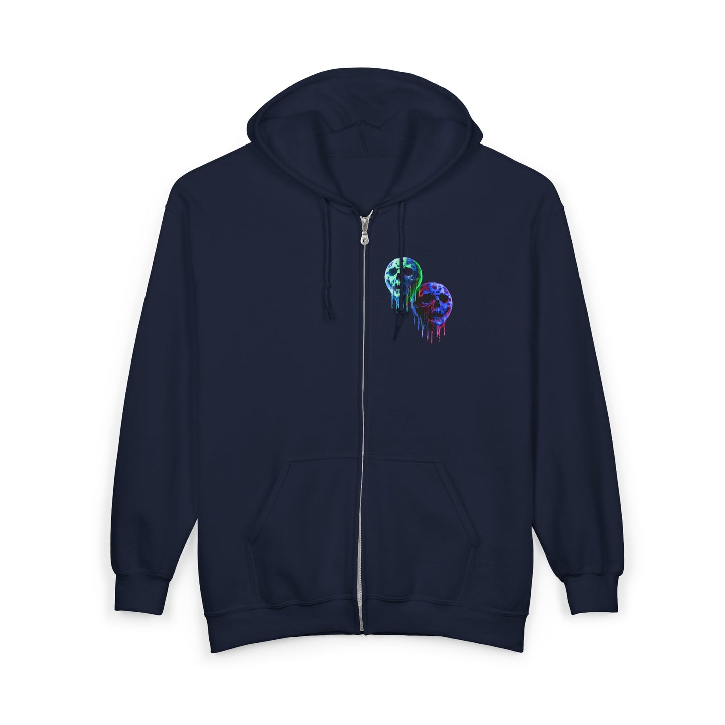 Dripping Neon Skull Zip Hoodie — Glowing Horror Graphic Full-Zip Sweatshirt
