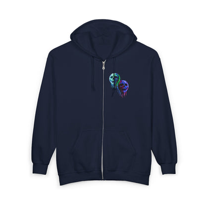 Dripping Neon Skull Zip Hoodie — Glowing Horror Graphic Full-Zip Sweatshirt