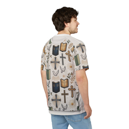 Christian Faith All-Over Print Tee — Crosses, Bibles & Doves Pattern