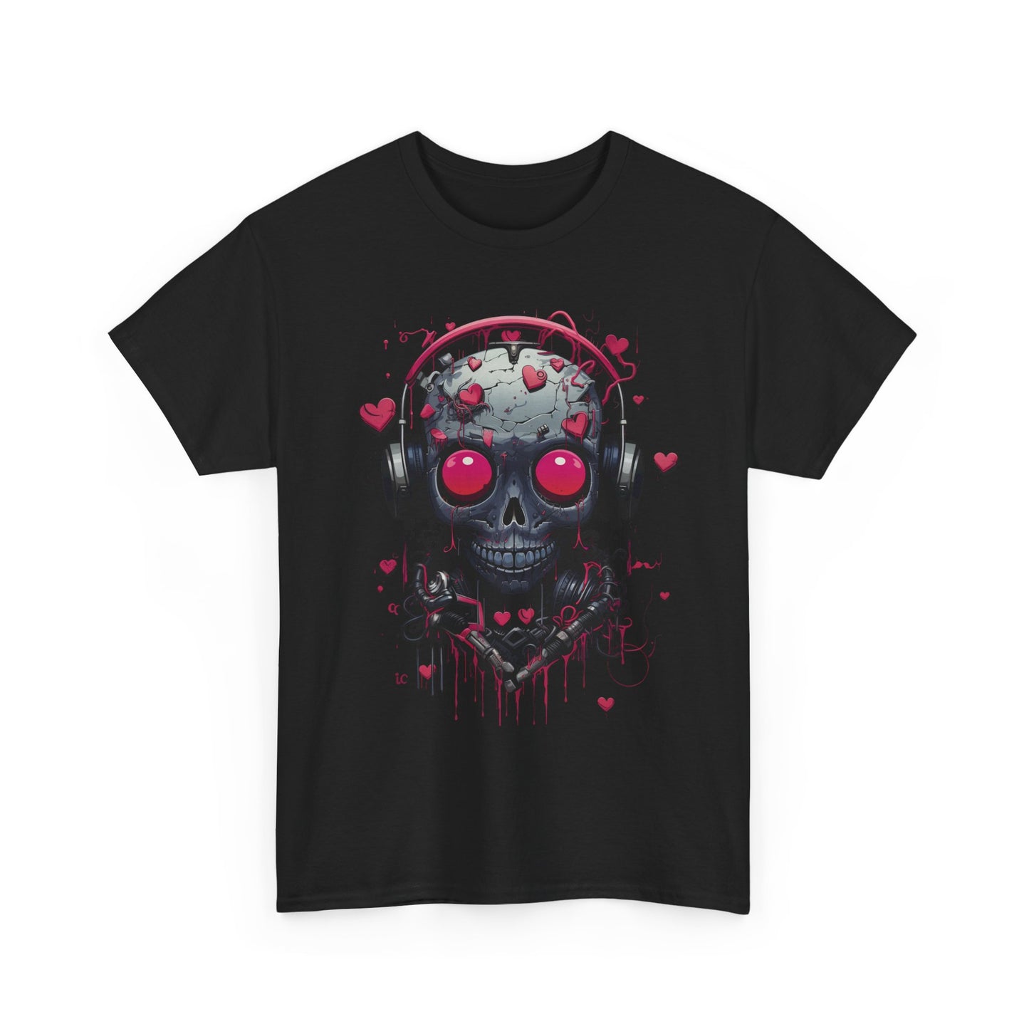 Emo Skull Headphones T-Shirt – Gothic Heartbreak Graphic Tee, Dark Aesthetic Streetwear, Love & Death Punk Shirt