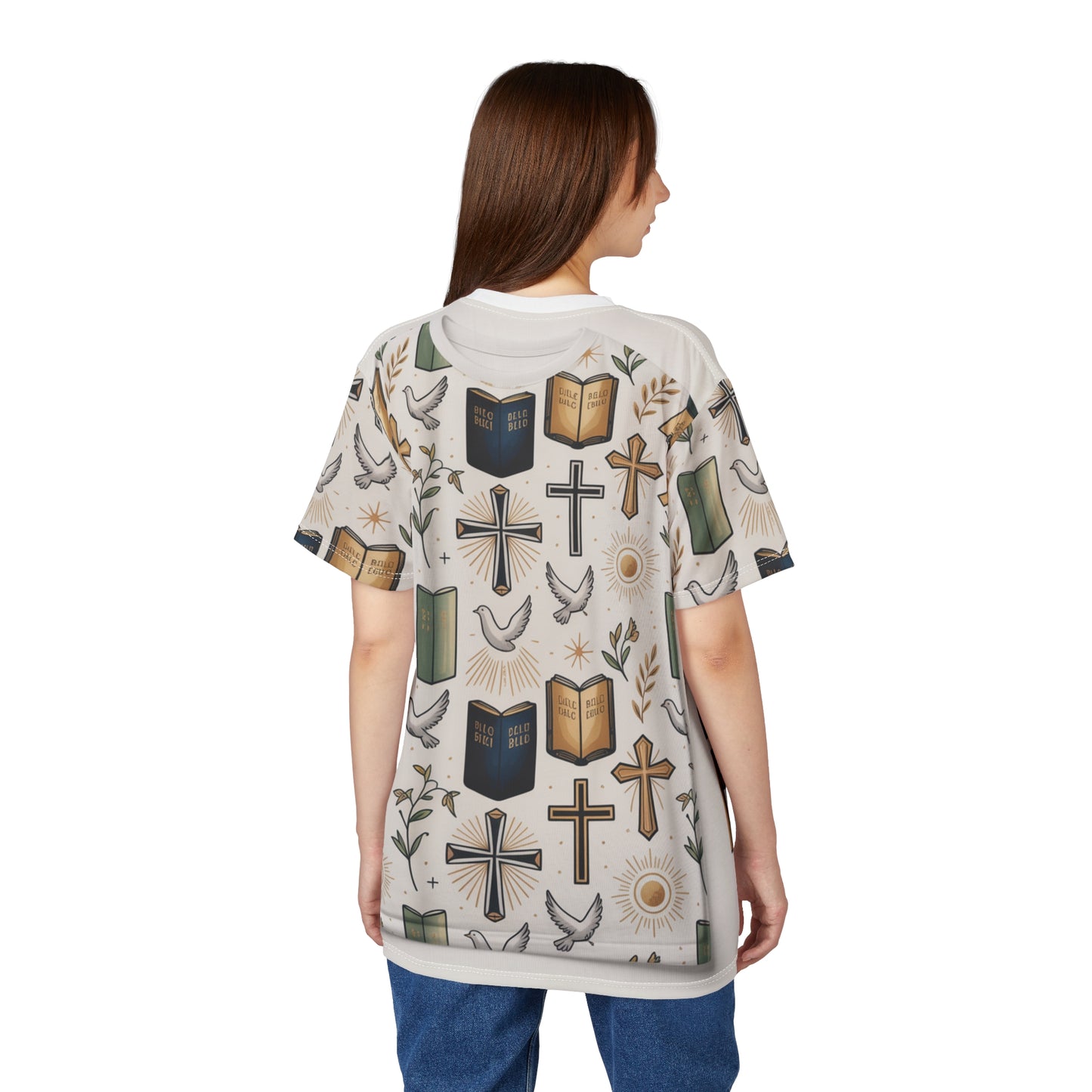 Christian Faith All-Over Print Tee — Crosses, Bibles & Doves Pattern