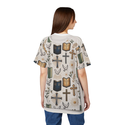 Christian Faith All-Over Print Tee — Crosses, Bibles & Doves Pattern