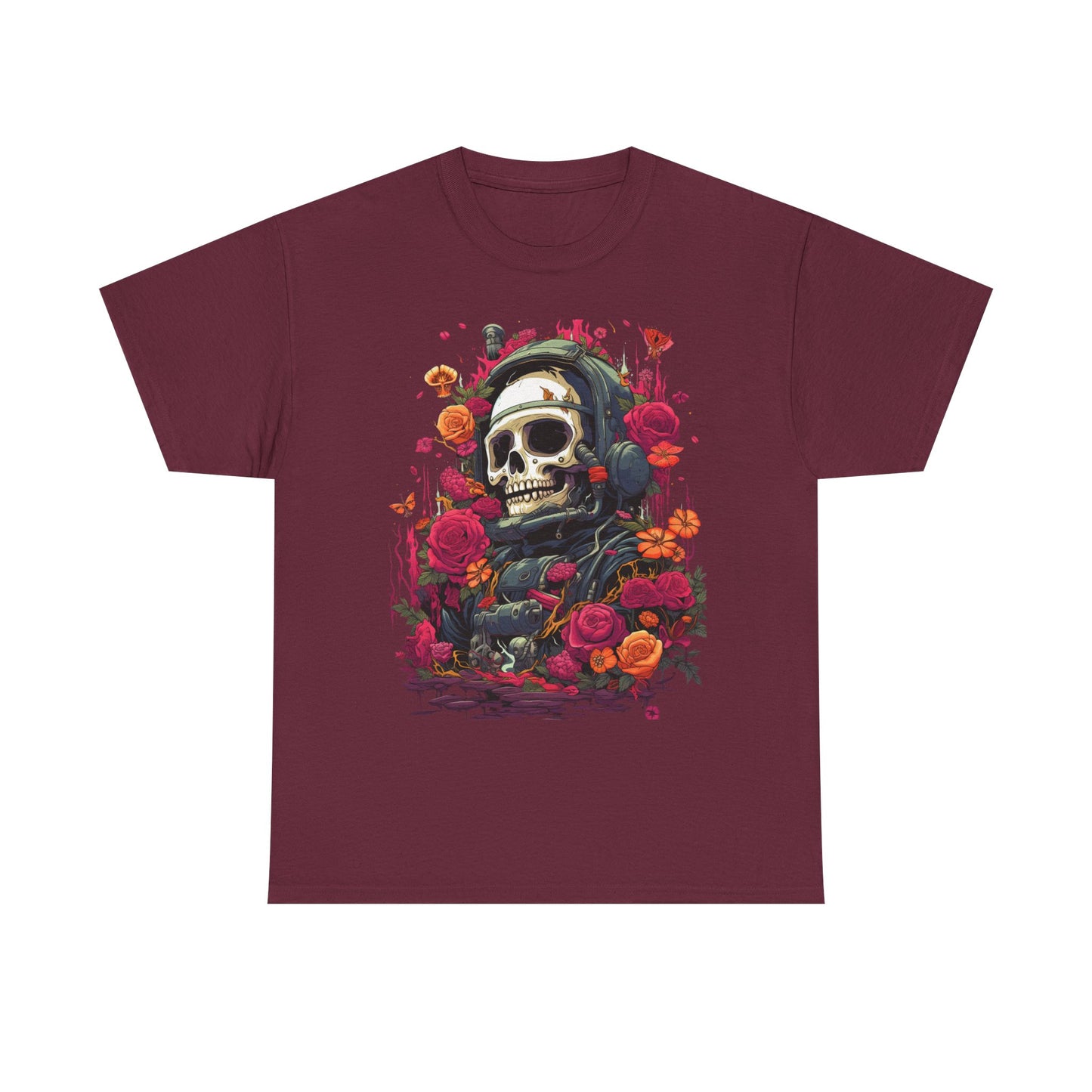 Floral Skull Graphic T-Shirt – Gothic Streetwear Skull with Roses, Dark Aesthetic Skeleton Tee, Edgy Unisex Graphic Shirt