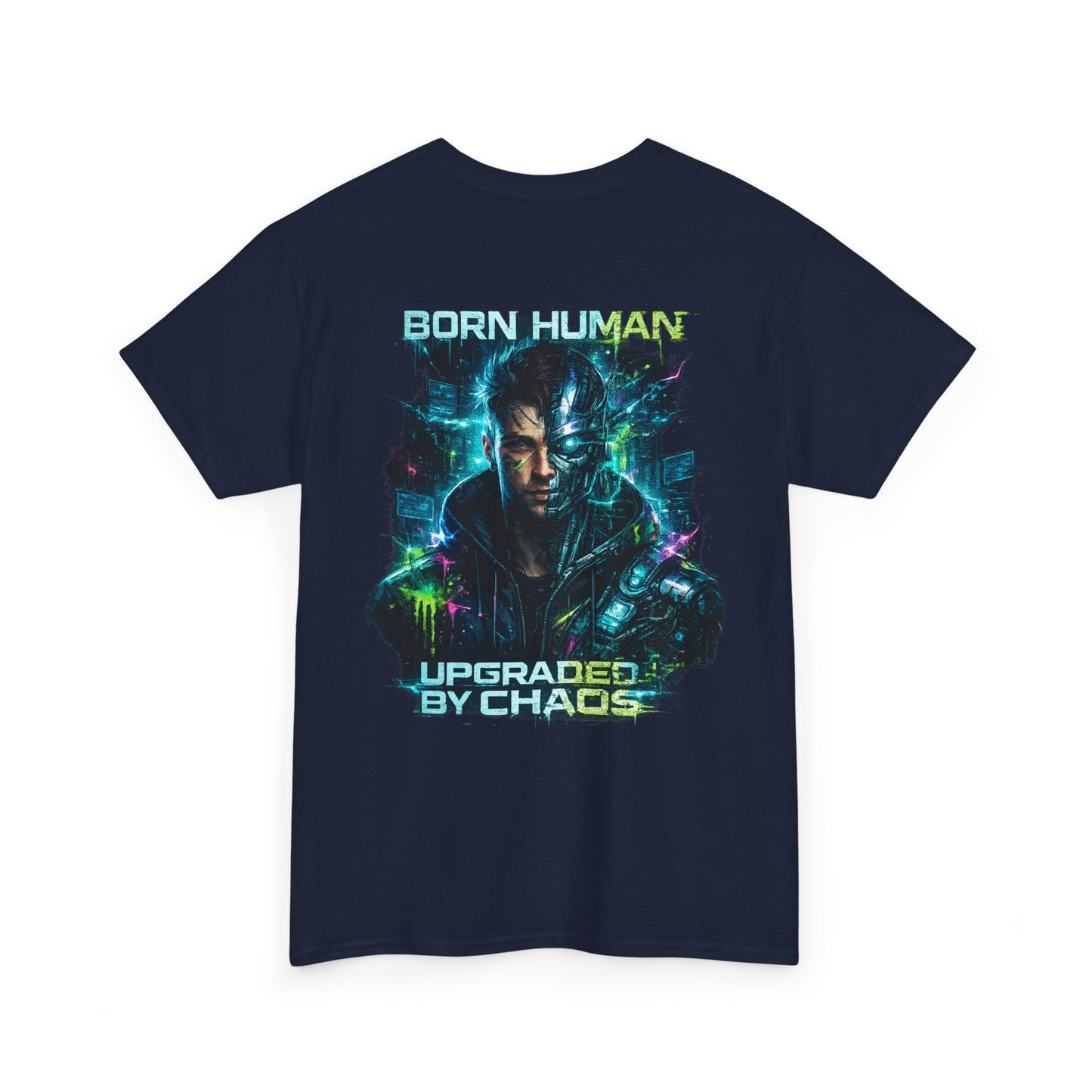 Synth Rebellion Cyberpunk T-Shirt | Born Human Upgraded by Chaos Futuristic Graphic Tee