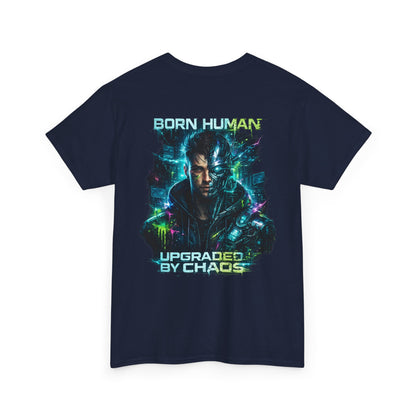 Synth Rebellion Cyberpunk T-Shirt | Born Human Upgraded by Chaos Futuristic Graphic Tee