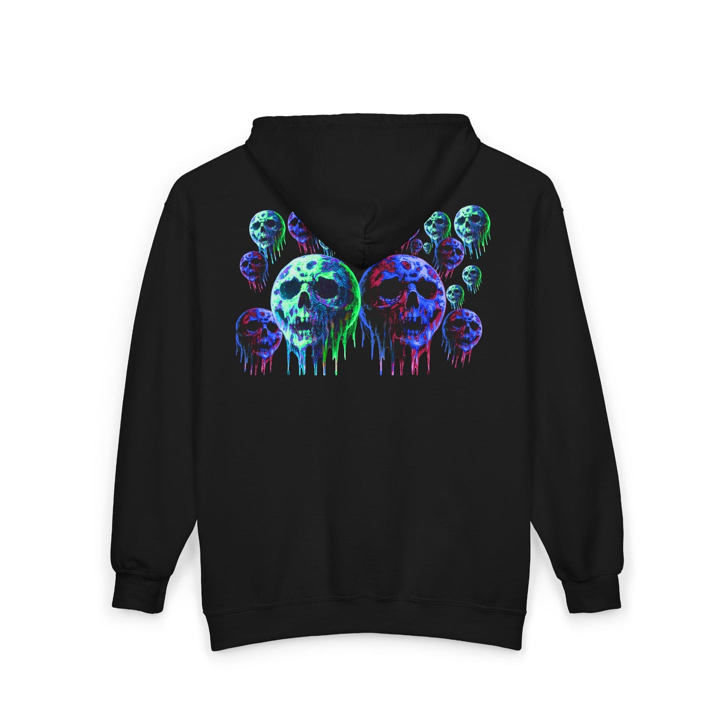 Dripping Neon Skull Zip Hoodie — Glowing Horror Graphic Full-Zip Sweatshirt
