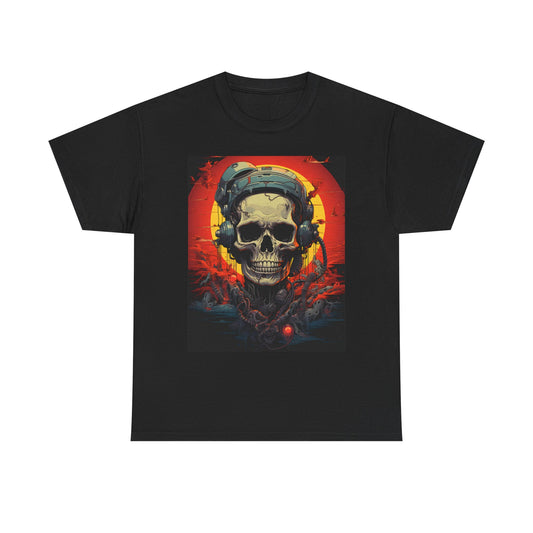 Cyberpunk Skull Astronaut T-Shirt – Futuristic Sci-Fi Skeleton Graphic Tee | Gamer Streetwear | Retro Sunset Space Skull Shirt