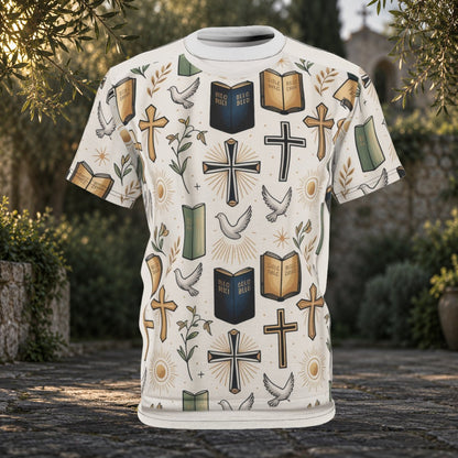 Christian faith all-over print T-shirt with crosses, Bibles and doves — black stitching, front view