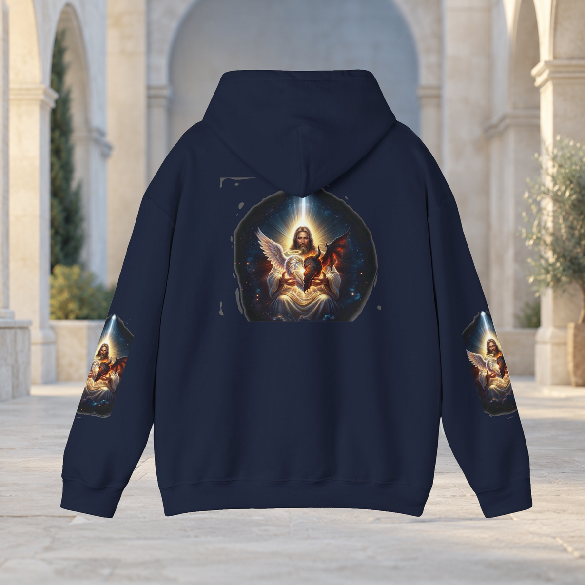 navy Divine Grace hoodie back view with original artwork and a softly lit sandstone background.