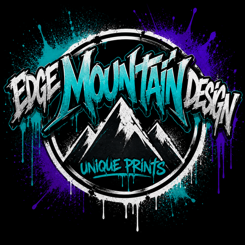 Edge Mountain Design Unique Prints — teal and white mountain logo with purple accents