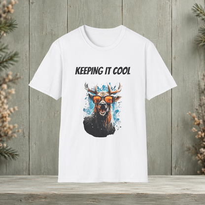 White Keeping It Cool T-Shirt front view with original antler artwork on a muted woodland background.