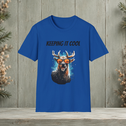 Royal blue Keeping It Cool T-Shirt front view with original antler artwork on a muted woodland background.