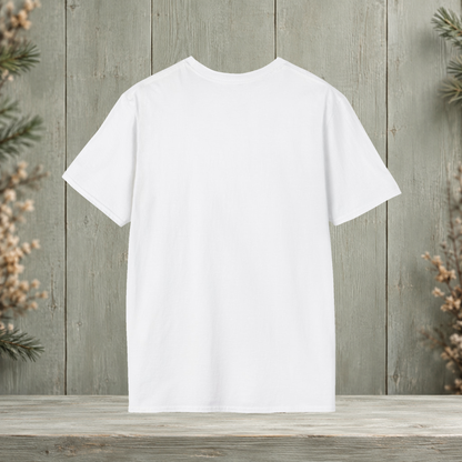 White Keeping It Cool T-Shirt back view with original antler artwork on a muted woodland background.