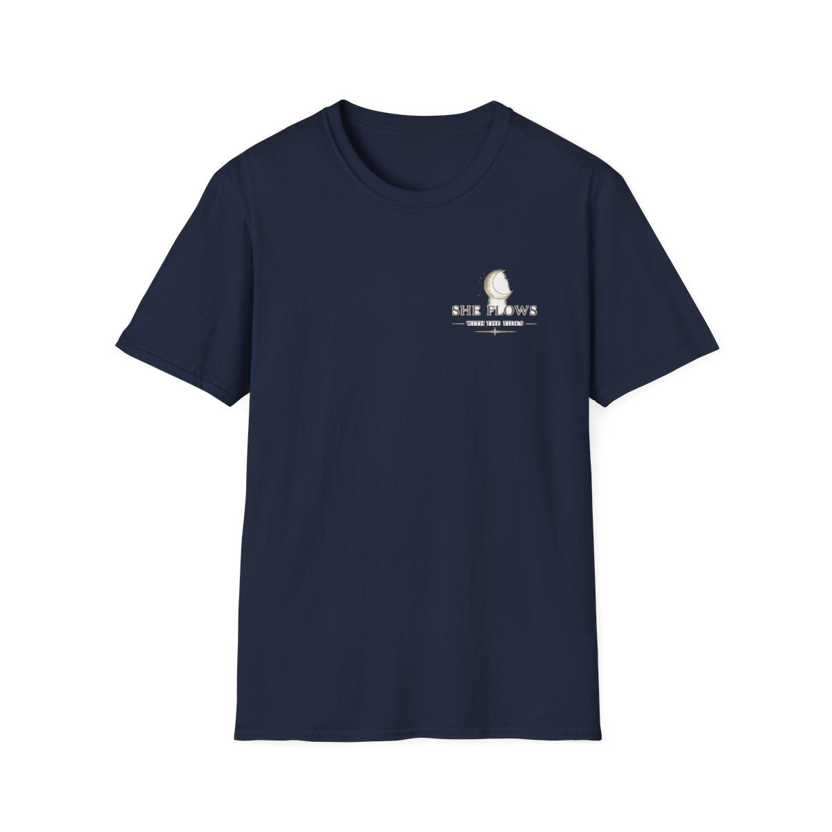 She Moves Like the Ocean moon and wave T-shirt in Navy, front view