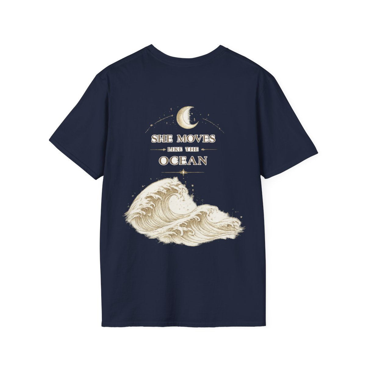 She Moves Like the Ocean moon and wave T-shirt in Navy, back view