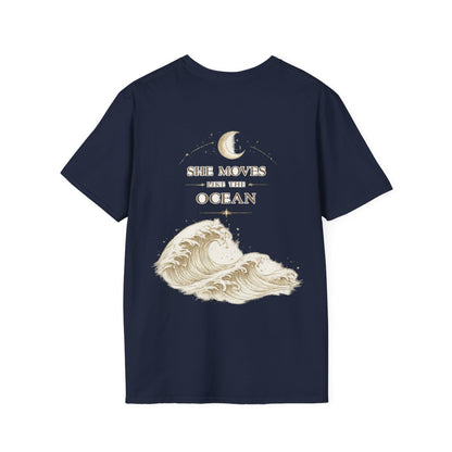 She Moves Like the Ocean moon and wave T-shirt in Navy, back view