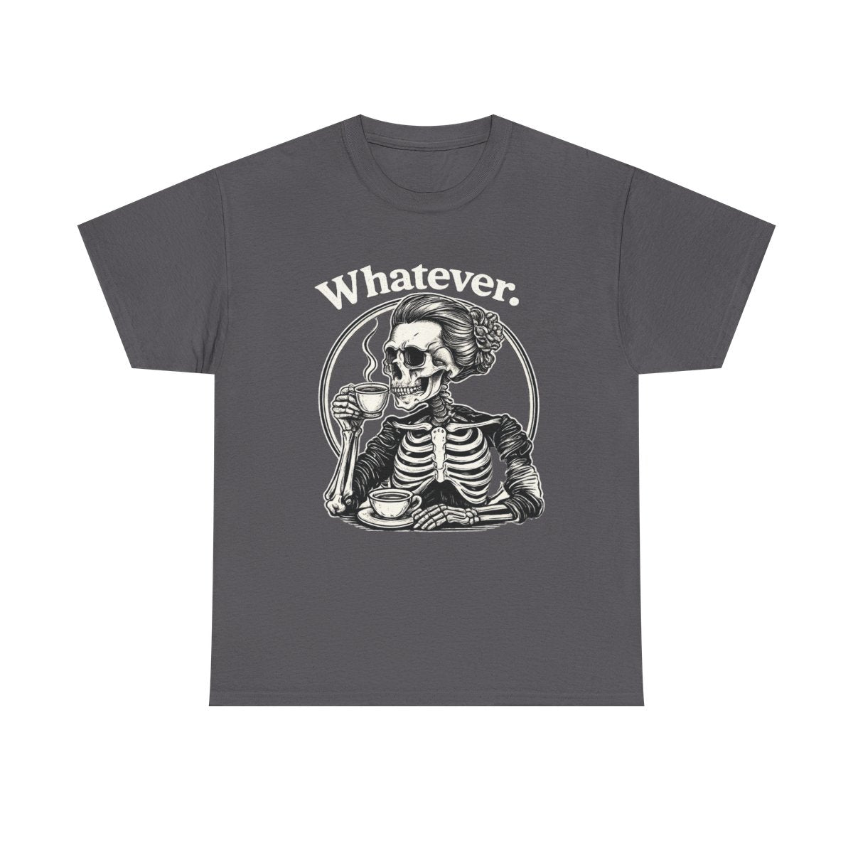 Whatever skeleton with teacup graphic T-shirt in Charcoal, front view