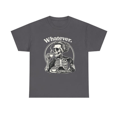 Whatever skeleton with teacup graphic T-shirt in Charcoal, front view